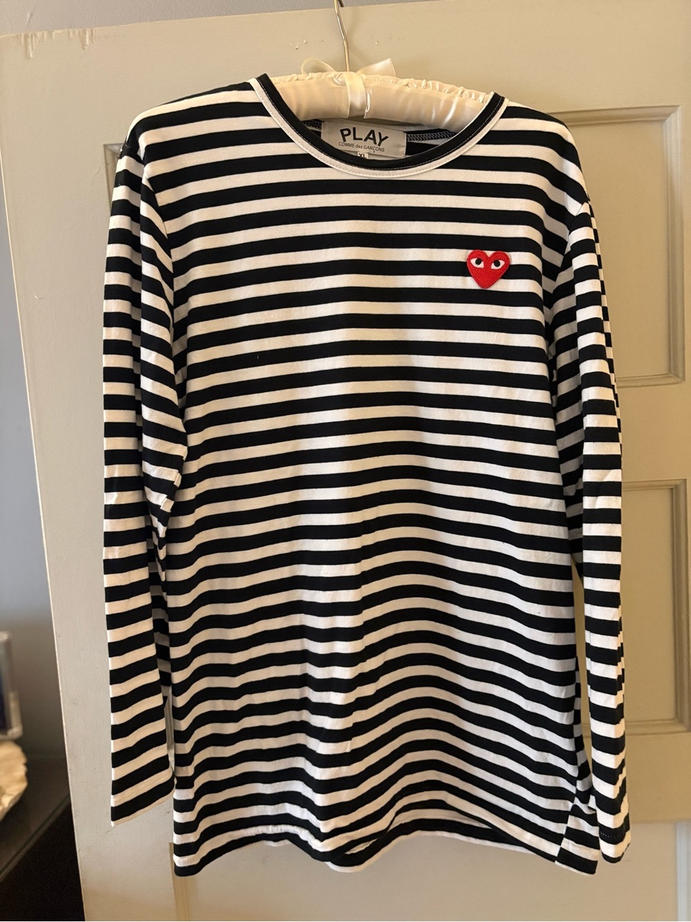 Unisex Play Comme des Garcons Black/White Striped Heart Logo Cotton LS Tee XL